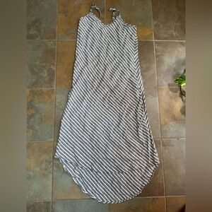 Artisan NY Linen Maxi Dress Sz 4 Blue Stripe V-Neck Minimalist Coastal Hi Low